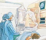 Οθόνες ενημερώστε το γιατρό παρακολουθήσει την πρόοδο του καθετήρα κατά τη διάρκεια της διαδικασίας. Οθόνες ενημερώστε το γιατρό παρακολουθήσει την πρόοδο του καθετήρα κατά τη διάρκεια της διαδικασίας.