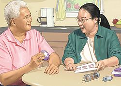 Νεαρή γυναίκα που κάθεται στο τραπέζι της κουζίνας μιλώντας με μεγαλύτερο άνδρα. Που έχουν στην κατοχή συσκευές εισπνοής και τα φάρμακα. Νεαρή γυναίκα που κάθεται στο τραπέζι της κουζίνας μιλώντας με μεγαλύτερο άνδρα. Που έχουν στην κατοχή συσκευές εισπνοής και τα φάρμακα.