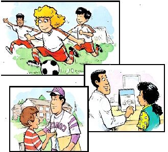 Τρία παιδιά που παίζουν ποδόσφαιρο. Κορίτσι μιλάει στο φορέα παροχής υγειονομικής περίθαλψης. Αγόρι μιλάμε για προπονητή.